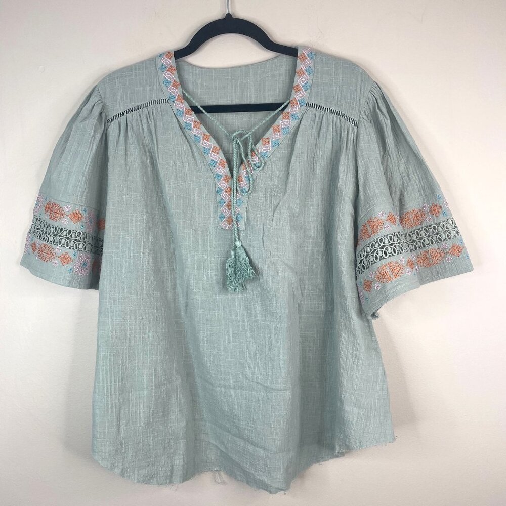 Boutique Boho Peasant Top Womens 2XL Embroidered Tassels Flutter Sleeve Gauzy